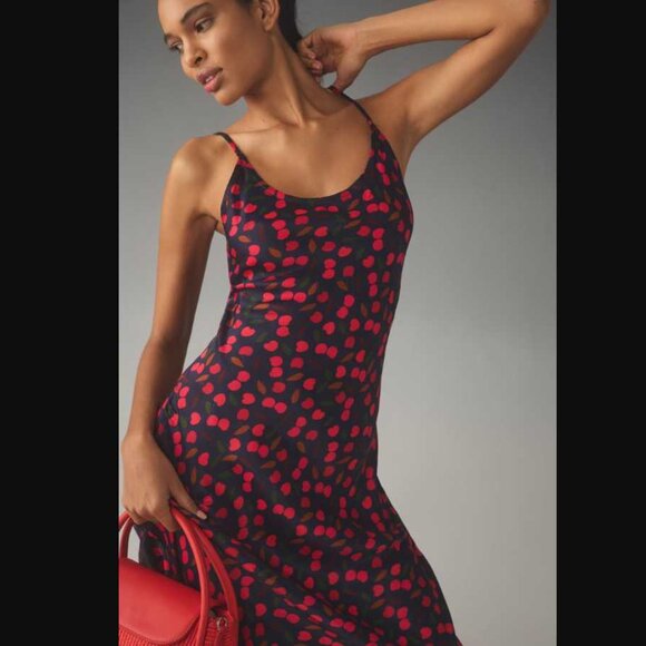New SP Conditions Apply x Anthropologie cherry print Elva slip midi dress Petite - Picture 2 of 10